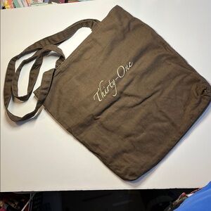 Thirty-One Chocolate Brown Canvas Tote with striped interior